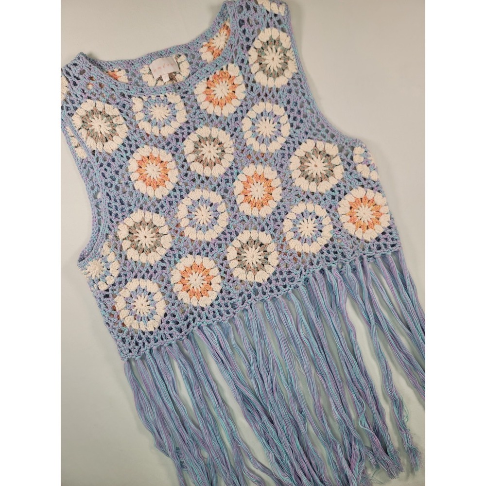Entro Crochet Fringe Vest Large Boho Granny Square Festival Sweater Top
